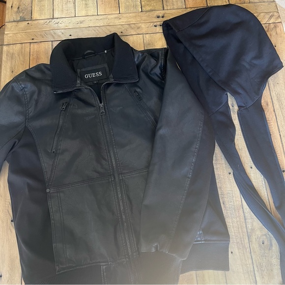 GUESS Motorcycle Jacket -Faux-Leather Detachable-Hood Size Large Men’s - Picture 12 of 15